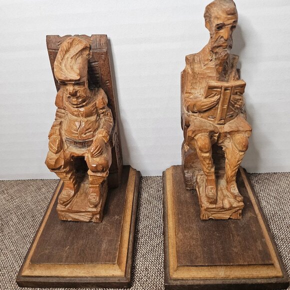 Carved Wood Sculptures of Don Quixote and Sancho Paza Bookends From Literary Cla - Picture 1 of 13